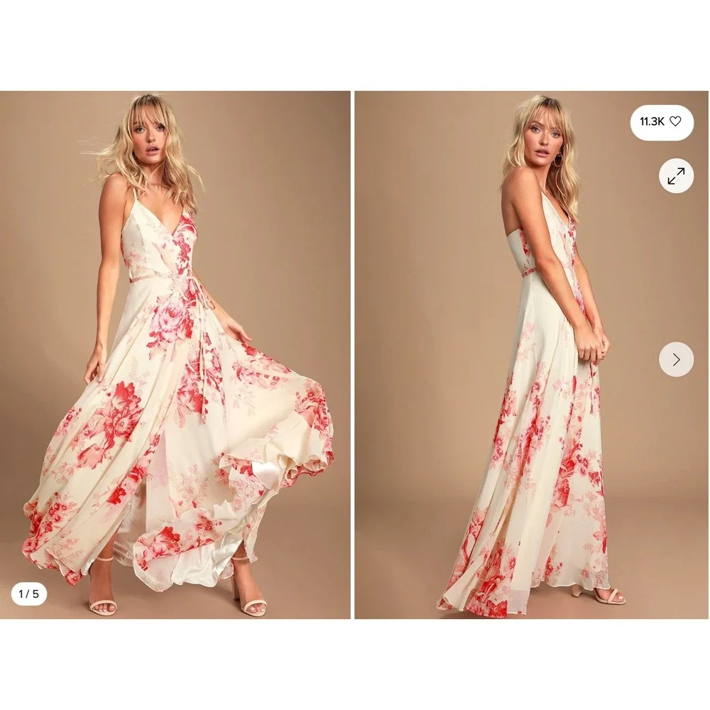 elegantly inclined cream and coral floral print wrap maxi dress Lulus Elegantly Inclined Cream And Coral Floral Print Wrap Maxi Dress